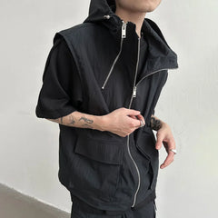 Bonsir Men Cargo Hooded Vest Summer Zipper Sleeveless Tops Male Korean Streetwear Hip Hop Unisex Hoodie Coat Fashion Waistcoat Jacket