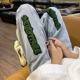 Bonsir Jeans for Men With Print Straight Trousers Grunge Y2k Graphic Baggy Low Rise Stretch 2024 Trend 90s Streetwear Mens Cowboy Pants