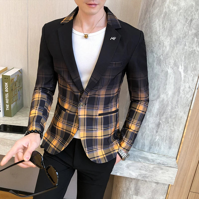 Bonsir Spring New Colorblock Plaid Blazer Men Slim Casual Man Blazers Wedding Business Party Clothing Dress Coat Blazer M-3XL