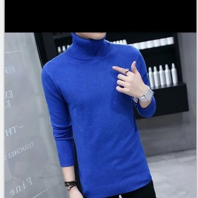 Bonsir Fall/Winter Men's Turtleneck Sweater Fashion Striped Solid Color Warm Knitted Sweater Men Double Collar Slim Fit Sweaters