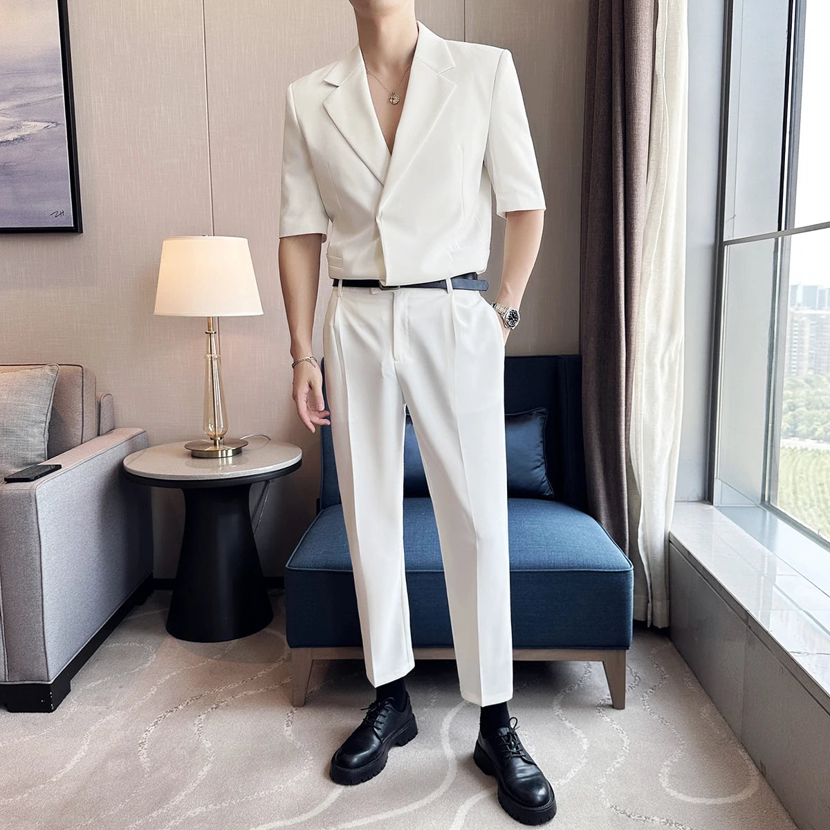 Bonsir Summer Fashion Half Sleeve Suit Men Side Buckle Design Casual Simple Solid Color Loose Suits Homme (Jacket + Pants+Belt)