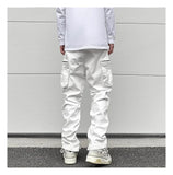 Bonsir Streetwear Retro White Black Pleated Tapered Jeans Side Pockets Zipper Hem Casual Jeans Baggy Men's Fashion Straight Denim Pants