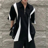 Bonsir Mens Polo Shirt Y2k Black White Contrast Half-Zip T Shirt Fashion Casual Personality Streetwear All-Match Tops Men'S Clothing
