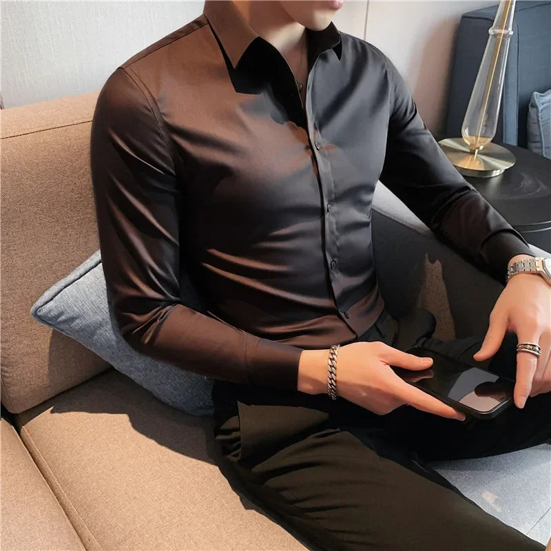 Bonsir 9 Colors High Quality Men Shirt Autumn New Long Sleeve Solid Business Slim Fit Shirts Homme Dress Social Casual Shirt 4XL-M