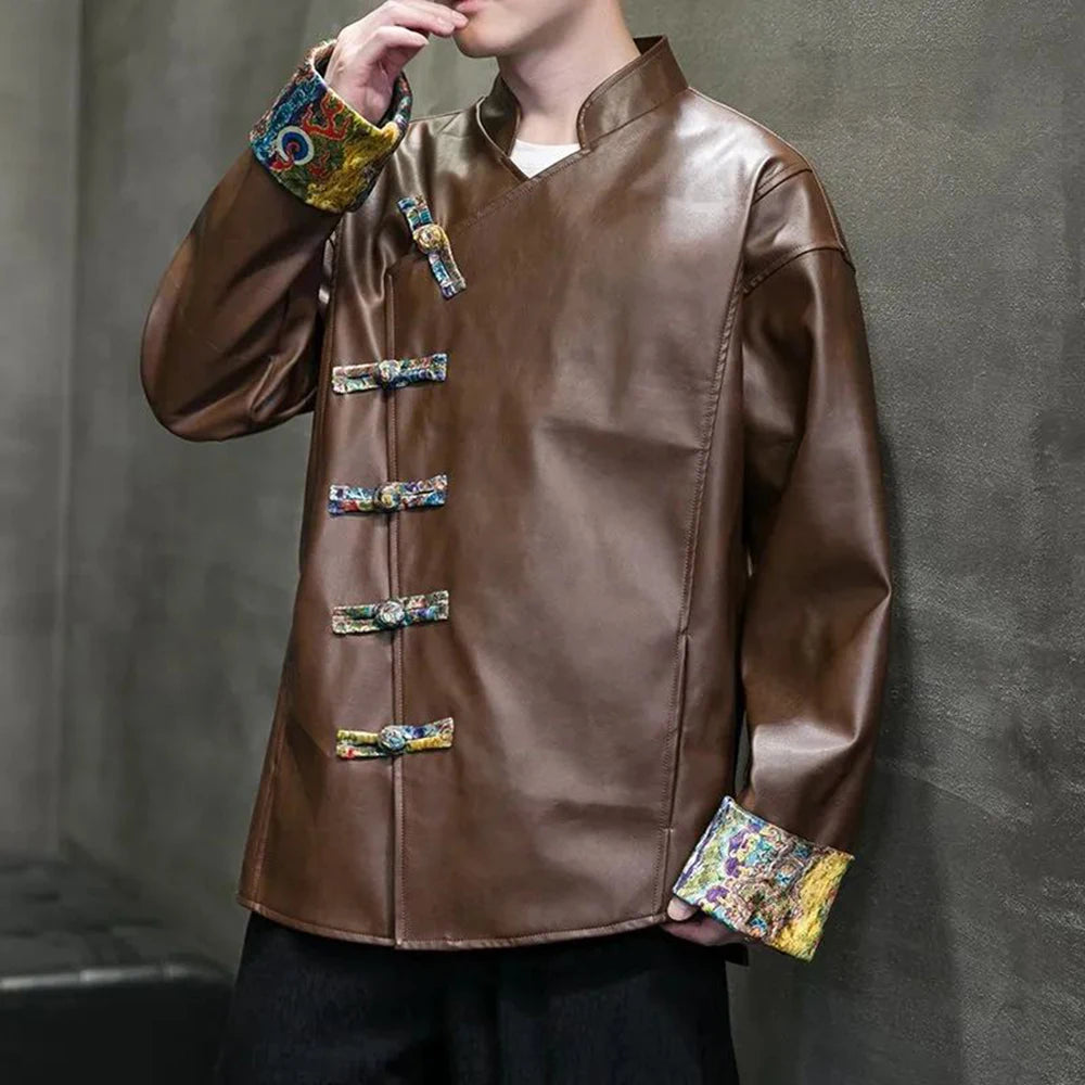 Bonsir Mens Chinese Style Loose Casual Leather Jacket Autumn Winter Genderless Fashion Retro Splicing Cheongsam Button Leather Jacket