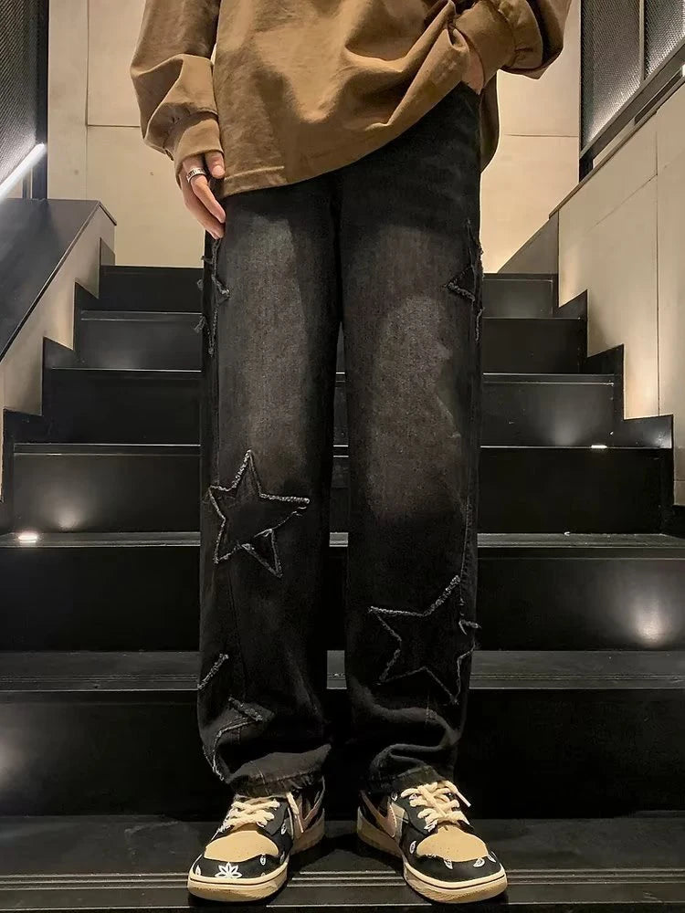 Bonsir Y2K Star Embroidery Casual Men Jeans Gothic Neutral Wide Leg Denim Trousers Male Loose Hip-hop Fashion Youth Streetwear