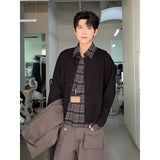 BONSIR  -  American Retro Spliced Knitted irt Collar Cardigan for Men Early Autumn Casual Sle Stand Fit Long Sve Plaid Pattern