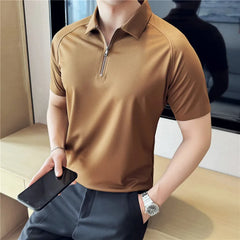 Bonsir Summer Waffle Ice Silk Solid Men Polo Shirts Fashion Zipper Design Lapel High Elasticity Casual T-shirt Streetwear 4XL-M