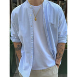 BONSIR  -  Fresh green collar striped long sleeve shirt men's casual Joker fashion street style