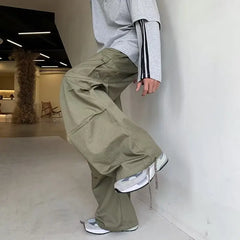 Bonsir Green Cargo Pants Men Japanese Oversize Wide Leg Trousers Male Black Loose Casual Streetwear Hip Hop Safari Style