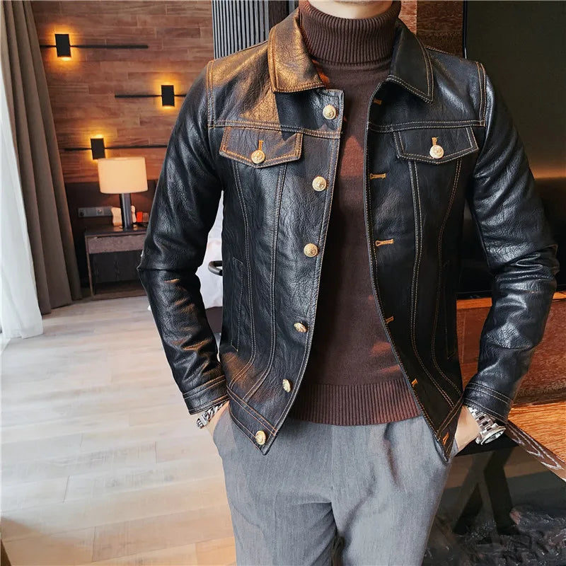 Bonsir Autumn New Oblique Zipper Leather Jacket Men Slim Fit Lapel Pu Leather Coat Streetwear Motorcycle Riding Uniform 3XL-M