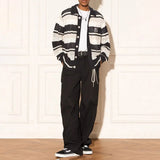 Bonsir Mens Knitted Shirt Black White Striped Woven Hollow Shirt Streetwear Personality Outdoor Versatile Tops Men'S Clothing Unisex