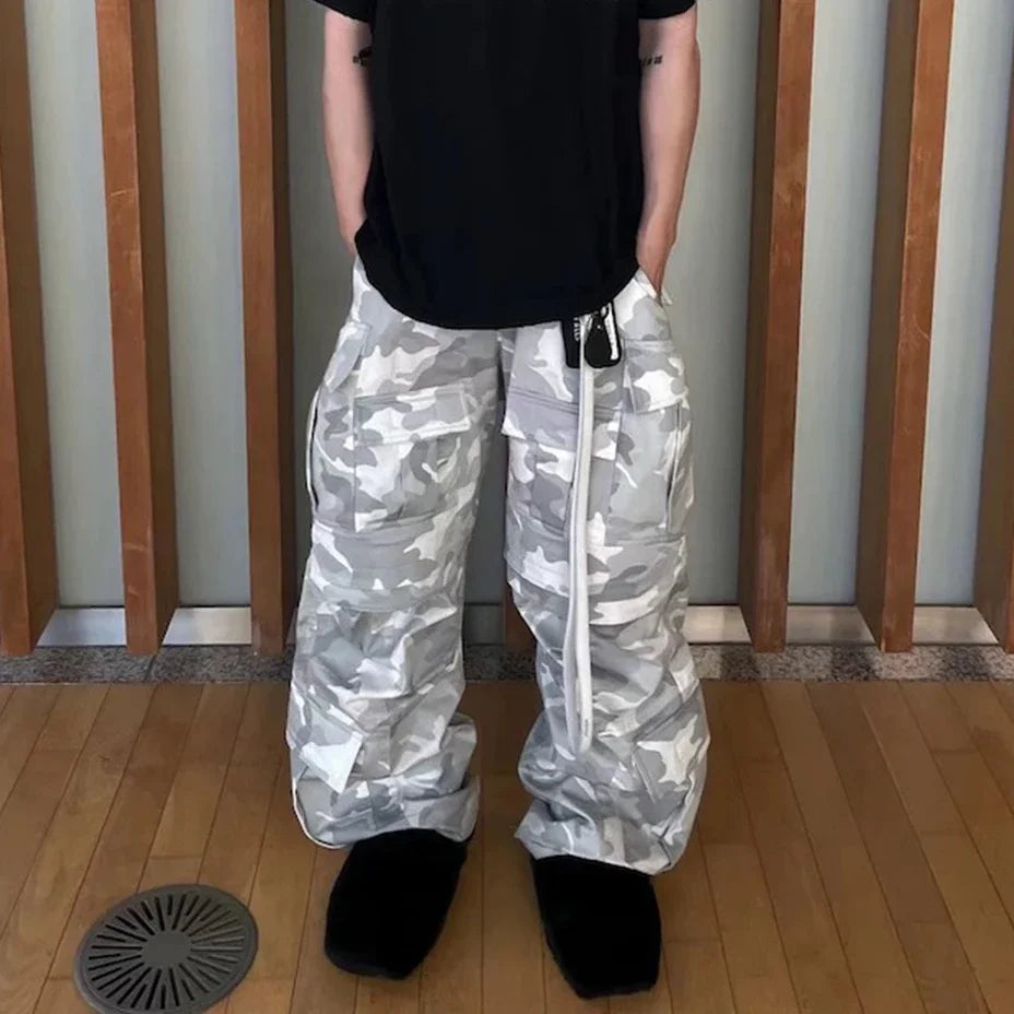 Bonsir High Street Multi-pockets Camouflage Cargo Pants for Men and Women Straight Patchwork Baggy Overalls Oversized Loose Jeans Pants