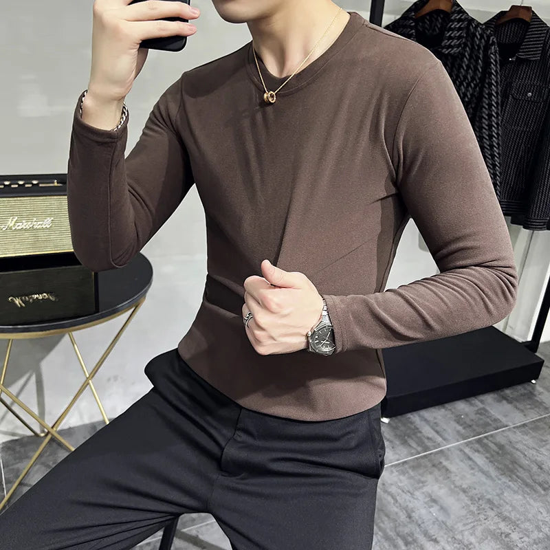 Bonsir Autumn Winter Thickened Round Neck Long Sleeved T-Shirt 2022 Korean Tops Fashion Men's Slim Double Faced Velvet Bottomed T shirt