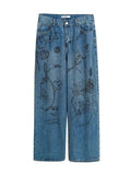 Bonsir Hip Hop Baggy Jeans Men Oversize Denim Pants Blue Jeans Printed Wide Leg Trousers Male Jeans Hippie Streetwear Casual