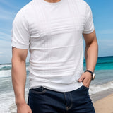 Bonsir Men's Breathable Knit T-Shirt - Casual Comfort Fit with Ribbed Texture, Round Neck, Short Sleeve, Summer Essential in White - Iron Wood Real