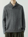 Bonsir Men's Solid Cable Knit Pullover, Casual Long Sleeve Slim-fit Shawl Collar Sweater For Fall Winter