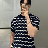 Bonsir Men's Striped Knitted Pullover, Casual Short Sleeve Crew Neck Sweater For Summer