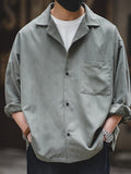 Bonsir Men's Vintage Long Sleeve Shirt, Peach Skin Suede, Loose Cuban Collar, Thin Polyester Casual Shirt for Spring/Autumn, Regular Fit with Pockets, Single Button Front, Adult Casual Wear