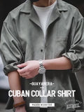 Bonsir Men's Vintage Long Sleeve Shirt, Peach Skin Suede, Loose Cuban Collar, Thin Polyester Casual Shirt for Spring/Autumn, Regular Fit with Pockets, Single Button Front, Adult Casual Wear