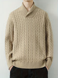 Bonsir Men's Solid Cable Knit Pullover, Casual Long Sleeve Slim-fit Shawl Collar Sweater For Fall Winter