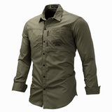 Bonsir Men's Long Sleeve Shirt Lapel Zipper Shirt Cotton Army Outdoor Casual Large Size Army Green Embroidery Shirt Male
