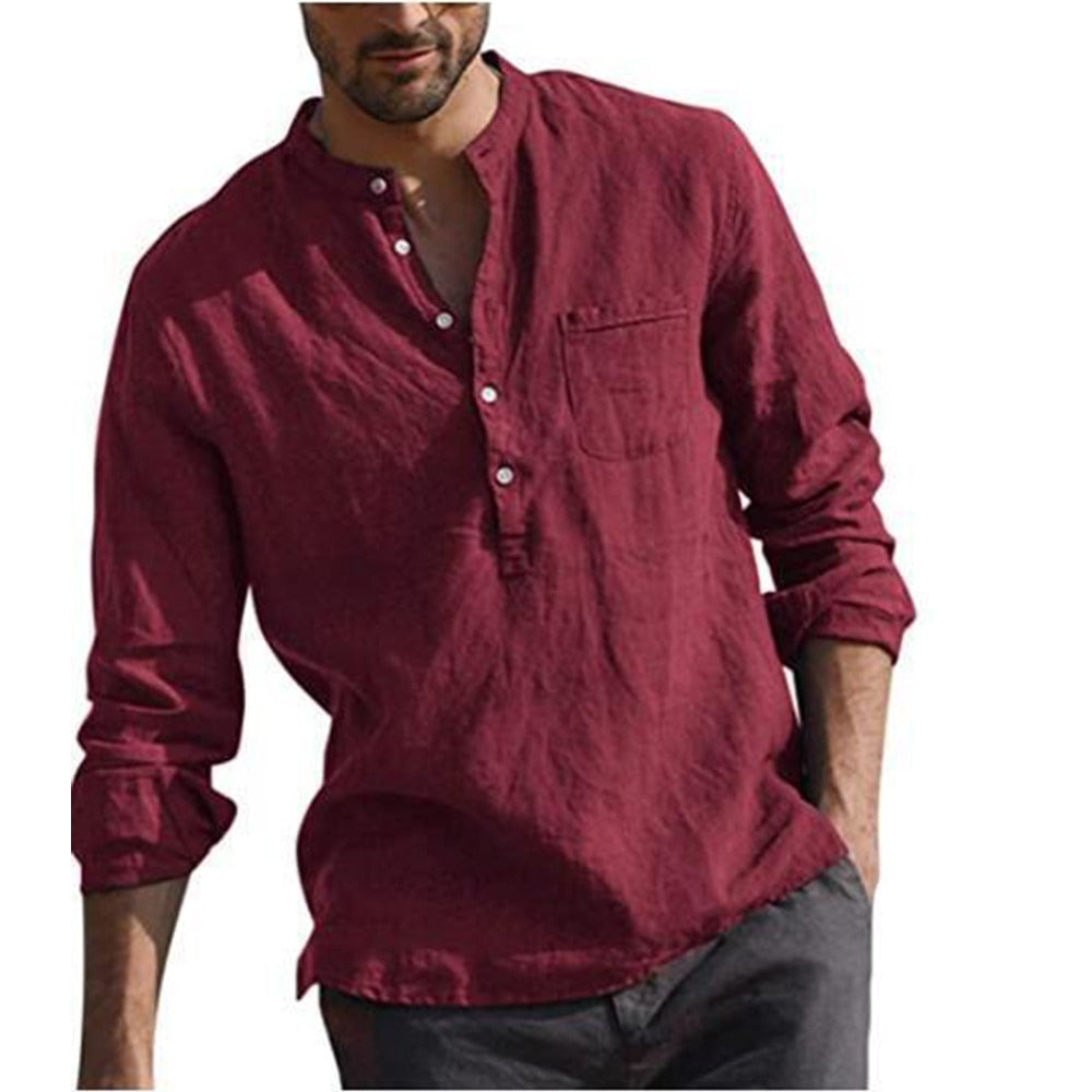 Bonsir Cotton Linen Hot Sale Men's Long-Sleeved Shirts Summer Solid Color  Stand-Up Collar Casual Beach Style Plus Size