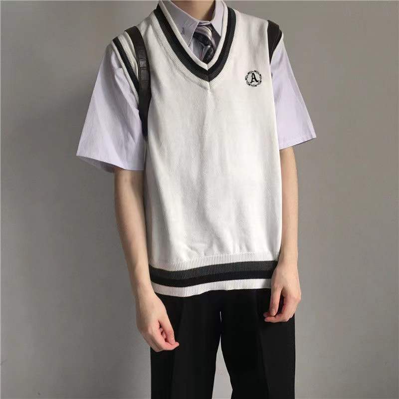 Bonsir Autumn College Style Sweater Vest Male Student Coats Korean Trend Knitting Sleeveless V-Neck 3 Color Pullover Unisex Clothes