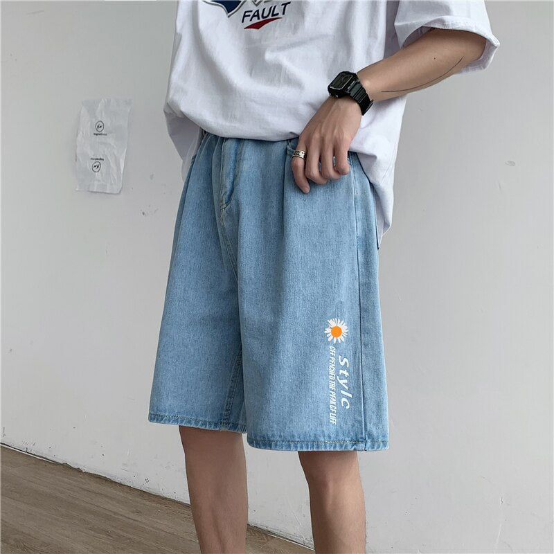 Bonsir  summer denim shorts men's trendy straight baggy pants casual versatile handsome five point pants streetwear gym