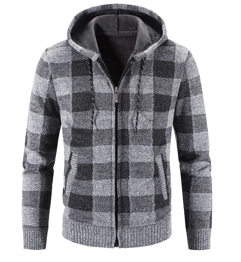 Bonsir Men's Hooded Plaid Printed Long Sleeve Sweater Autumn Winter Plush Large Casual Cardigan Coat