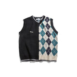 Bonsir Japanese Loose Couple Patchwork Argyle Sweater Vest Men's New Autumn Fashion Harajuku Letter Embroidery Man Pullover Vest
