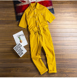 Bonsir Men's short sleeve ankle length jumpsuits Casual loose pockets overalls Coveralls Black Yellow