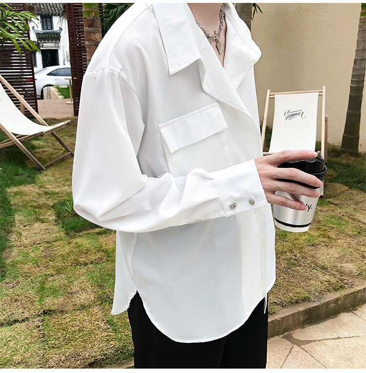 Bonsir Korean Style Men's Solid Color Long Sleeve Ribbon Shirts White/black Irregular Shirts Camisa Masculina Streetwear Clothes