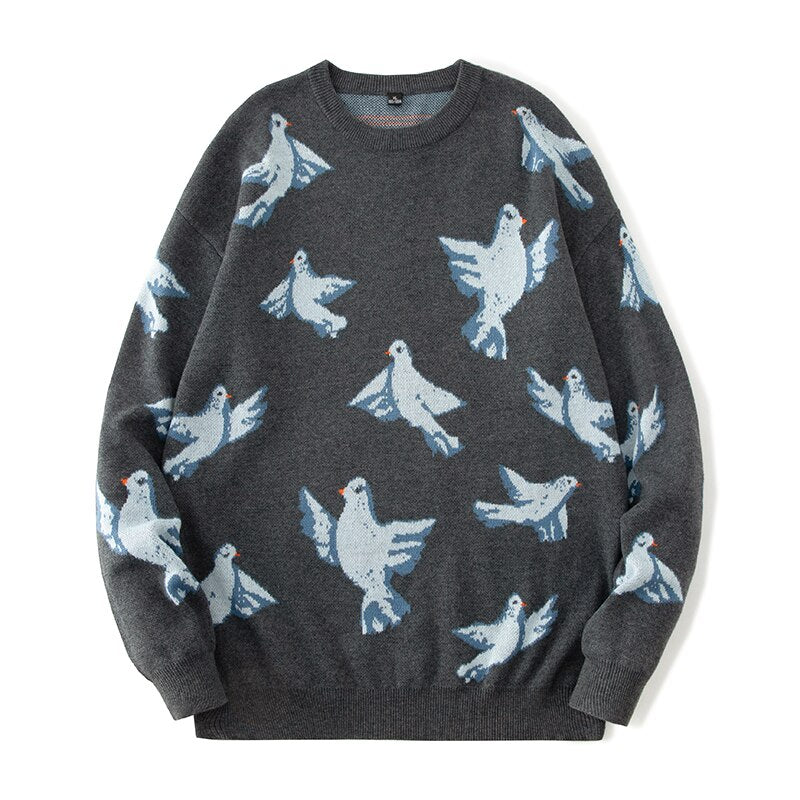 Bonsir Men Casual Sweater Round Neck Cotton Autumn Winter Pullover Mens Harajuku Sweaters Pigeon Pattern Long Sleeve Male Tops Clothing