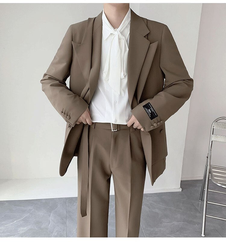 Bonsir Double Collar Design Suits Sets Men Fashion Show Korean Office Business Casual Suits Blazer Jacket Pant Streetwear Suits Man