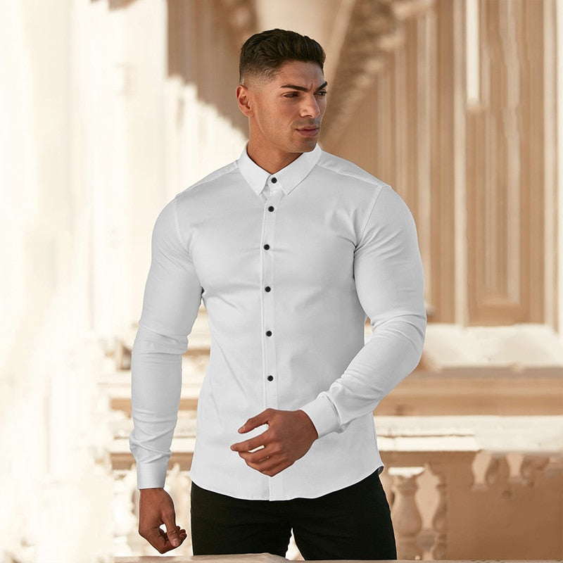 Bonsir  Men Fashion Casual long Sleeve Solid Shirt Super Slim Fit Male Social Business Dress Shirt Brand Men Fitness Sports Clothing