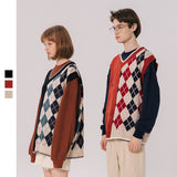 Bonsir Japanese Loose Couple Patchwork Argyle Sweater Vest Men's New Autumn Fashion Harajuku Letter Embroidery Man Pullover Vest