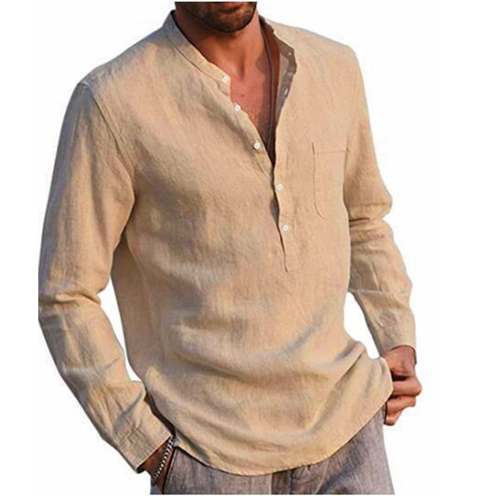 Bonsir Cotton Linen Hot Sale Men's Long-Sleeved Shirts Summer Solid Color  Stand-Up Collar Casual Beach Style Plus Size