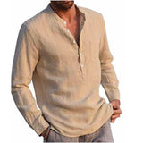 Bonsir Cotton Linen Hot Sale Men's Long-Sleeved Shirts Summer Solid Color  Stand-Up Collar Casual Beach Style Plus Size