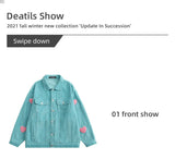 Bonsir Men Cargo Corduroy Jacket Vintage Loose Casual Couple Heart Graphic Button Candy Color Handsome Pleated Streetwear Coat