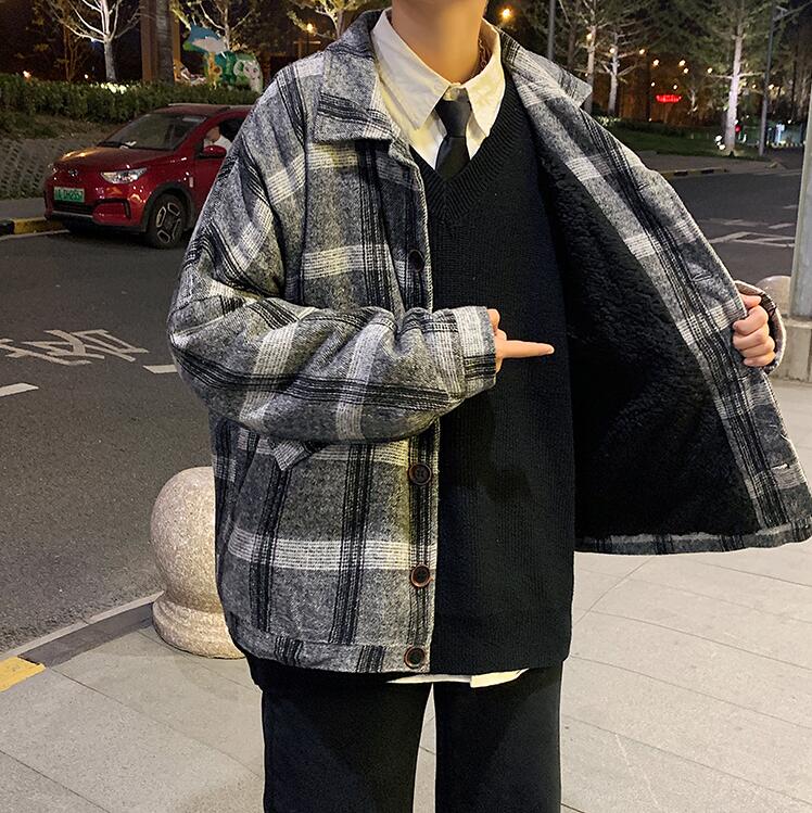 Bonsir  Winter Woolen Coat Men Warm Overcoat Fashion Retro Hit Color Tartan Woolen Jacket Men Streetwear Loose Short Woolen Jacket Man