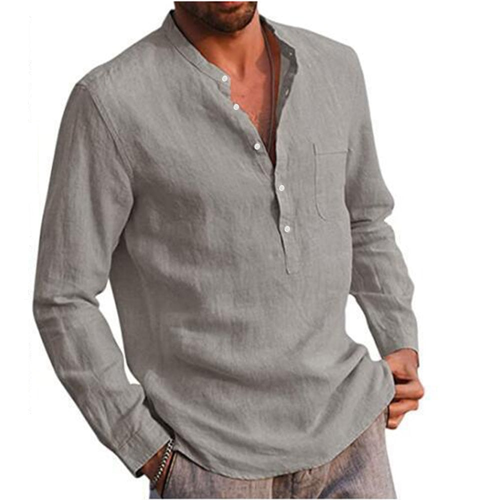 Bonsir Cotton Linen Hot Sale Men's Long-Sleeved Shirts Summer Solid Color  Stand-Up Collar Casual Beach Style Plus Size