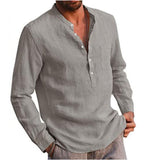 Bonsir Cotton Linen Hot Sale Men's Long-Sleeved Shirts Summer Solid Color  Stand-Up Collar Casual Beach Style Plus Size