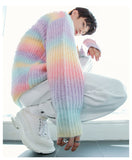Bonsir Korean Fashion High Quality Gradient Tie-dye Loose Rainbow Sweater Men Autumn  New Casual Loose Striped Harajuku Sweater