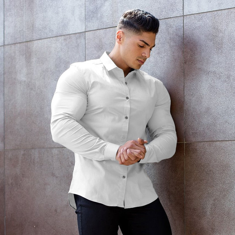 Bonsir  Men Fashion Casual long Sleeve Solid Shirt Super Slim Fit Male Social Business Dress Shirt Brand Men Fitness Sports Clothing