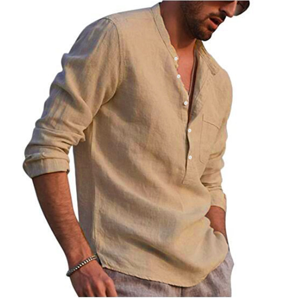 Bonsir Cotton Linen Hot Sale Men's Long-Sleeved Shirts Summer Solid Color  Stand-Up Collar Casual Beach Style Plus Size