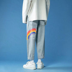 Bonsir Jeans straight tube loose new autumn and winter High Waist Wide Leg Pants fashion personality graffiti rainbow