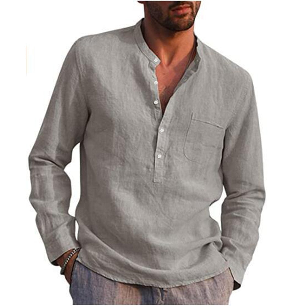 Bonsir Cotton Linen Hot Sale Men's Long-Sleeved Shirts Summer Solid Color  Stand-Up Collar Casual Beach Style Plus Size