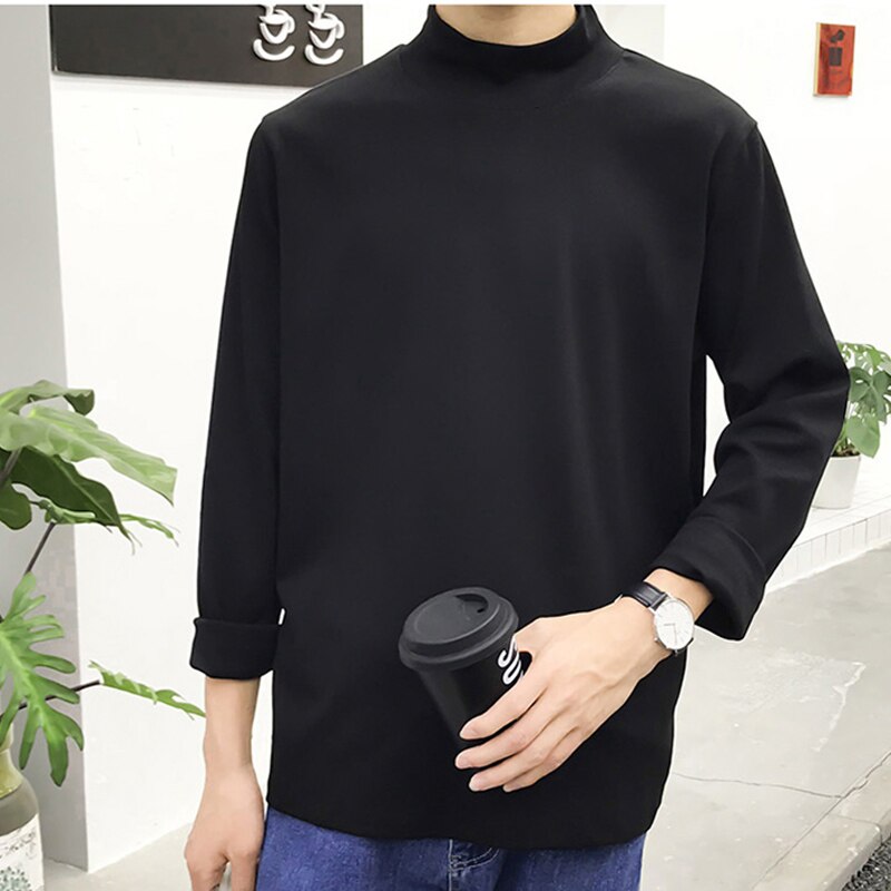 Bonsir Autumn New Korean Slim Fit Mens T Shirts O-Neck Long Sleeve Cotton Tops Tees Black White Gray Yellow