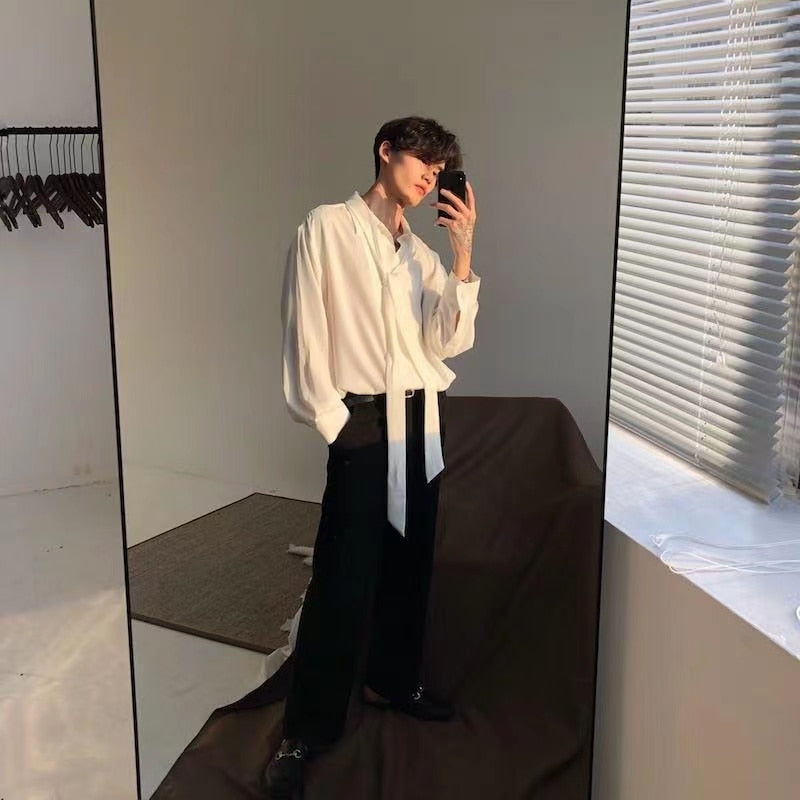 Bonsir Four Seasons Korean Men's Loose Retro Chiffon Fabric Bow Tie Shirt Men's Long Sleeve Nice Clothes Shirts White/black Color Coats